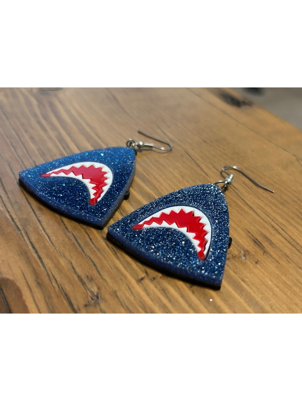 Handmade Shark Tooth Dangle Earrings in Blue Glitter Resin